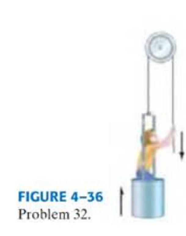 Chapter 4, Problem 32P, (II) A window washer pulls herself upward using the bucket-pulley apparatus shown in Fig. 436. (a) 