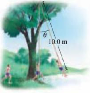 Chapter 8, Problem 91GP, A 56-kg student runs at 5.0 m/s, grabs a hanging rope, and swings out over a lake (Fig. 845). He 