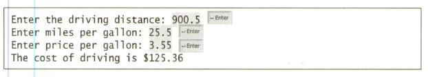 Chapter 2, Problem 21PE, (Cost of driving) Write a program that prompts the user to enter the distance to drive, the fuel 