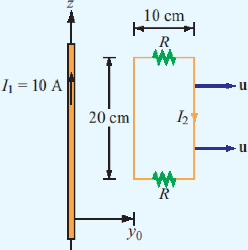 Chapter 6, Problem 11P, The loop shown in P6.11 moves away from a wire carrying a current I1 = 10 A at a constant velocity 