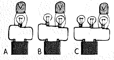 Chapter 34, Problem 29A, In each of the circuits shown below, a voltmeter is connected across a bulb to measure the voltage 