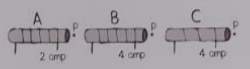 Chapter 36, Problem 21A, The electromagnets A, B, and C are shown below. Note the number of turns of wire and the current in 
