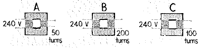 Chapter 37, Problem 22A, The transformers are all powered with 100 W, and all have 100 turns on the primary. The number of 