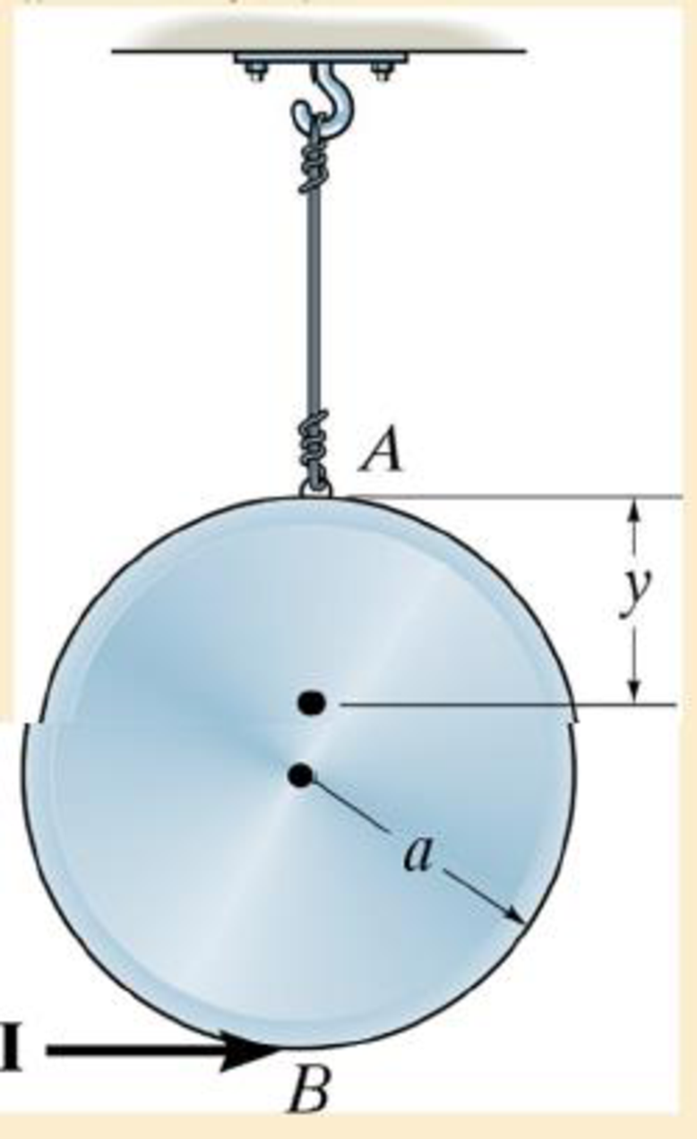 Chapter 19.4, Problem 32P, The circular disk has a mass m and is suspended at A by the wire If it receives a horizontal impulse 