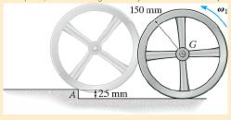 Chapter 19.4, Problem 53P, The wheel has a mass of 50 kg and a radius of gyration of 125 mm about its center of mass G. If it 