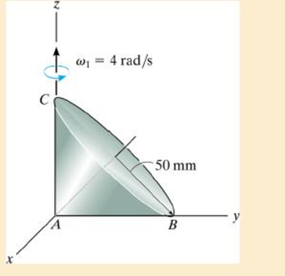 Chapter 20.3, Problem 13P, The right circular cone rotates about the z axis at a constant rate of 1 = 4 rad/s without slipping 