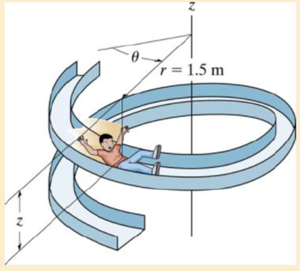 Chapter 13, Problem 89P, The boy of mass 40 kg is sliding down the spiral slide at a constant speed such that his position, 