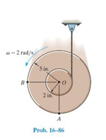 Chapter 16.6, Problem 86P, As the cord unravels from the wheels inner hub, the wheel is rotating at w = 2 rad/s at the instant 