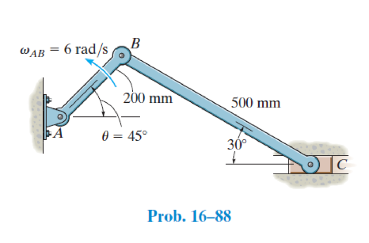 Chapter 16.6, Problem 88P, If bar AB has an angular velocity AB = 6 rad/s, determine the velocity of the slider block C at the 