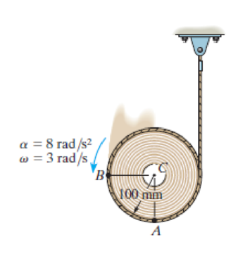 Chapter 16.7, Problem 113P, The reel of rope has the angular motion shown. Determine the velocity and acceleration of point A at 