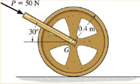 Chapter 18, Problem 4FP, The 50-kg wheel is subjected to a force of 50 N. If the wheel starts from rest and rolls Without 
