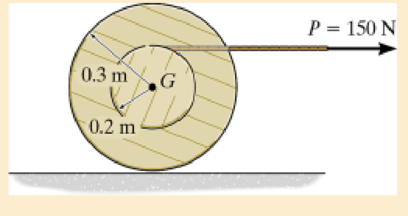 Chapter 19, Problem 5FP, The 50-kg spool is subjected to a horizontal force of P = 150 N. It the spool rolls Without slipping 