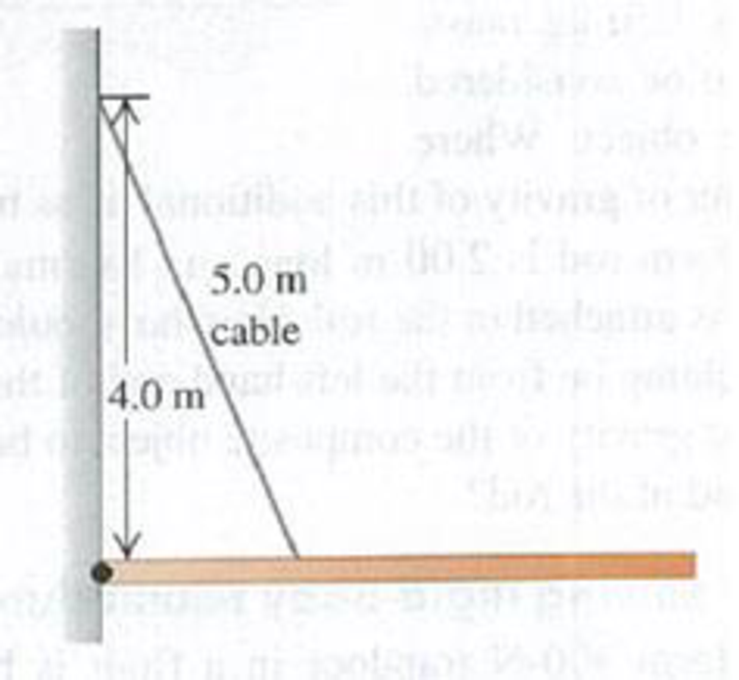 Chapter 11, Problem 11.17E, A 9.00-m-long uniform beam is hinged to a vertical wall and held horizontally by a 5.00-m-long cable 