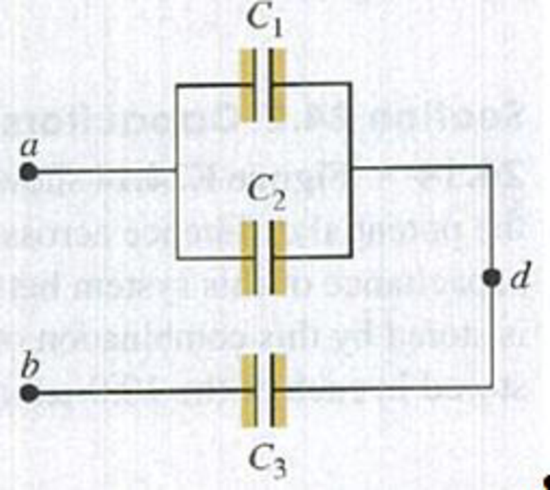 Chapter 24, Problem 24.20E, In Fig. E24.20, C1 = 6.00 F, C2 = 3 00 F, and C3 = 5.00 F. The capacitor network is connected to an 