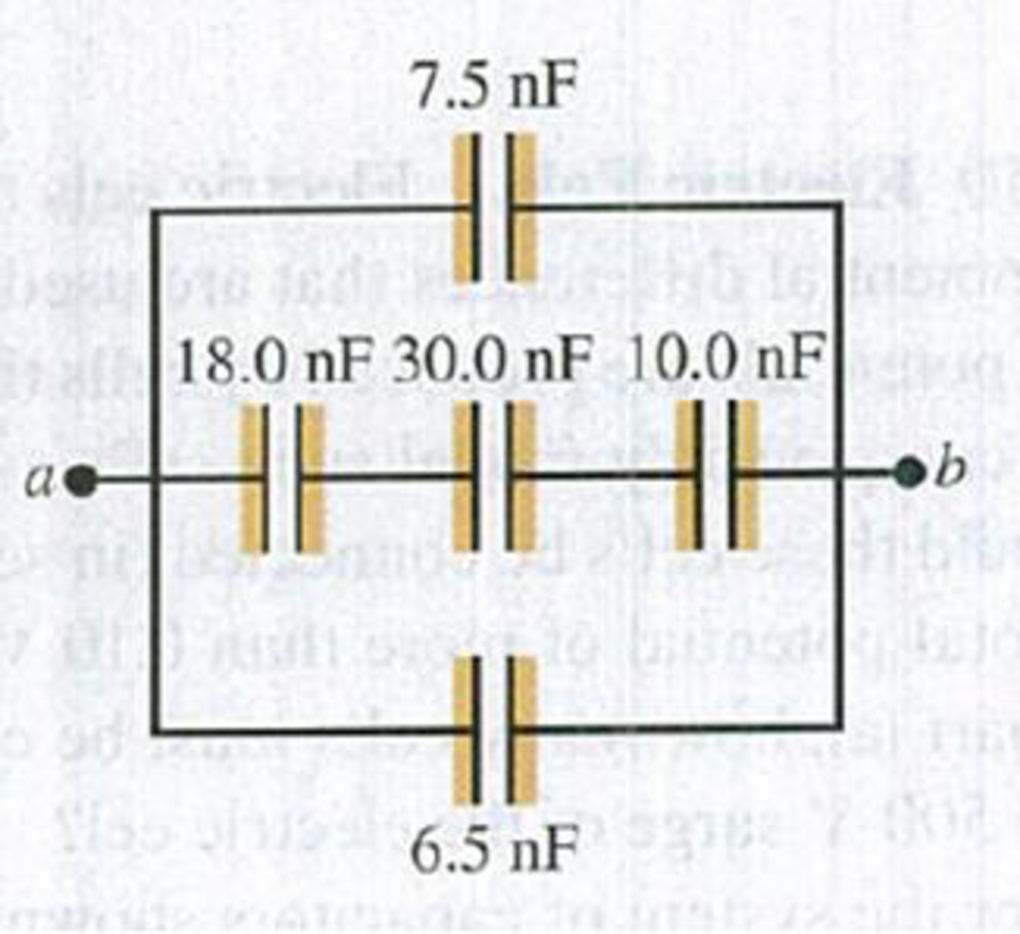 Chapter 24, Problem 24.21E, For the system of capacitors shown in Fig. E24.21, a potential difference of 25 V is maintained 