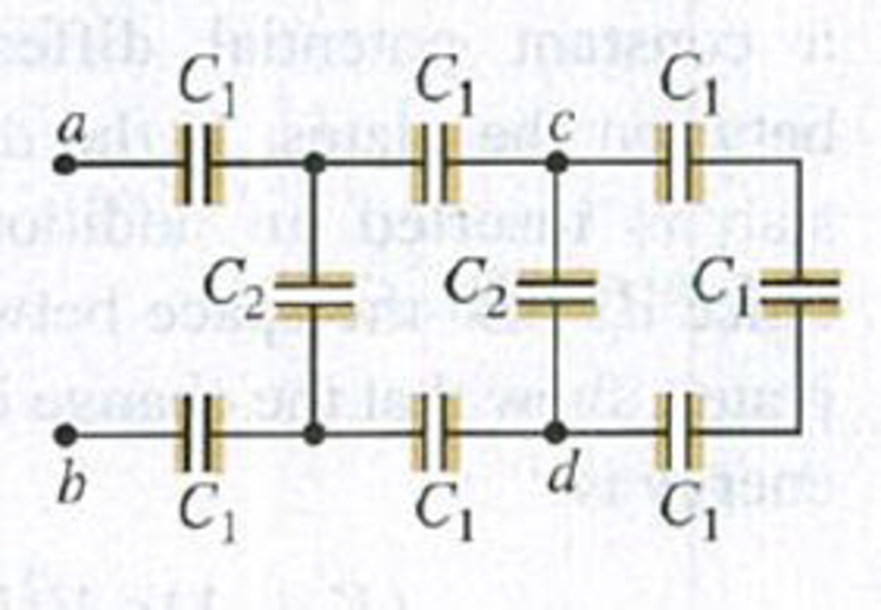 Chapter 24, Problem 24.59P, In Fig. P24.59, each capacitance C1 is 6.9 F, and each capacitance C2 is 4.6 F. (a) Compute the 