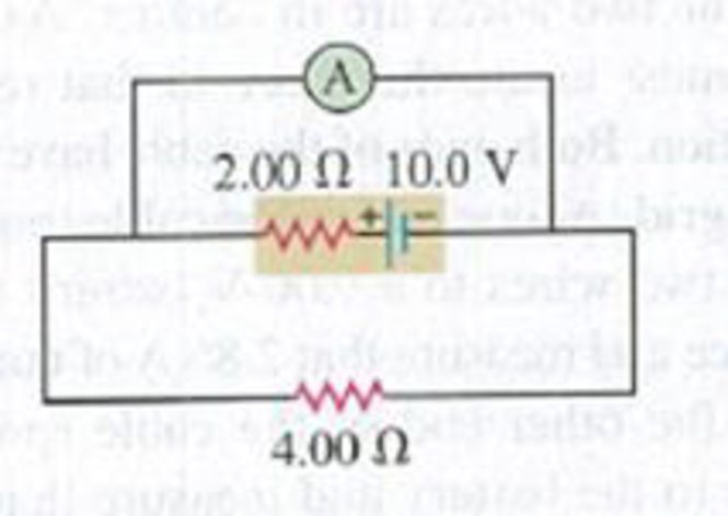 Chapter 25, Problem 25.28E, An idealized ammeter is connected to a battery as shown in Fig. E25.28. Find (a) the reading of the 