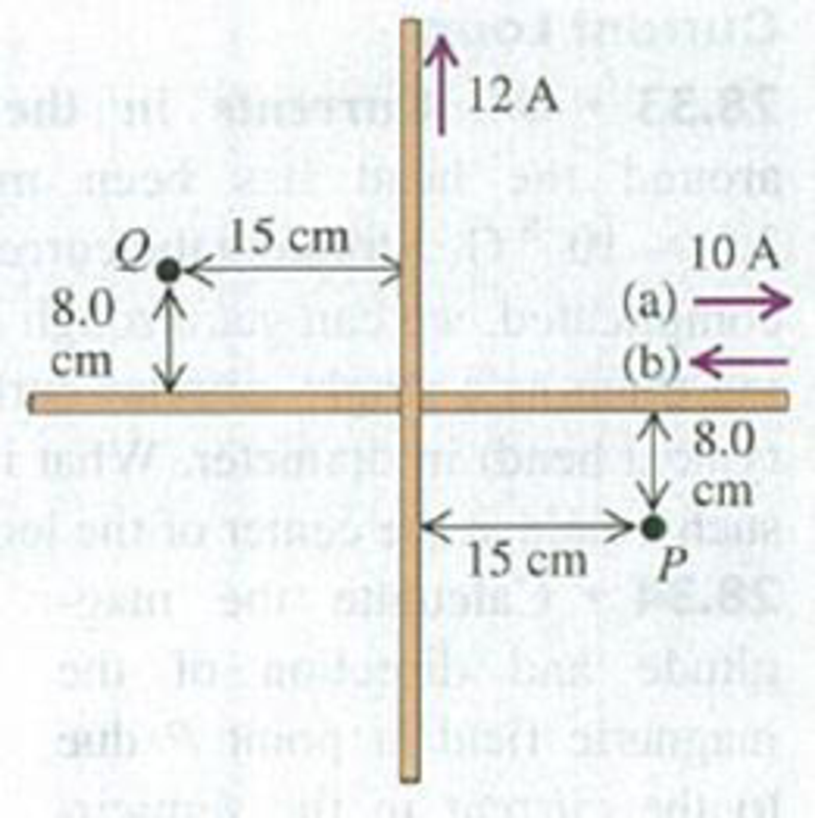 Chapter 28, Problem 28.27E, Two very long insulated wires perpendicular to each other in the same plane carry currents as shown 