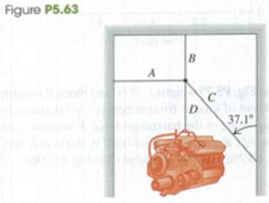 Chapter 5, Problem 5.63P, In a repair shop a truck engine that has mass 409 kg is held in place by four light cables (Fig. 