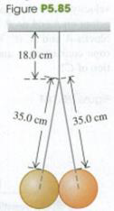 Chapter 5, Problem 5.85P, Two identical 15.0-kg balls, each 25.0 cm in diameter, are suspended by two 35.0-cm wires (Fig. 