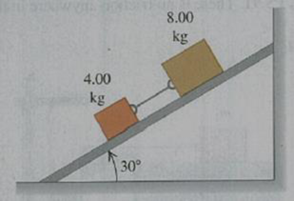 Chapter 5, Problem 5.96P, Two blocks, with masses 4.00 kg and 8.00 kg, are connected by a string and slide down a 30.0 