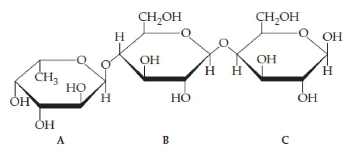 Chapter 20, Problem 20.23UKC, Hydrolysis of both glycosidic bonds in the following trisaccharide A, B, C yields three 
