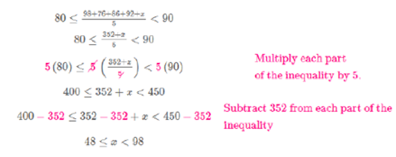 Chapter 6.5, Problem 57E, A Grade of B In Example 9 on page 320, what range of grades on the fifth test would result in Devon 