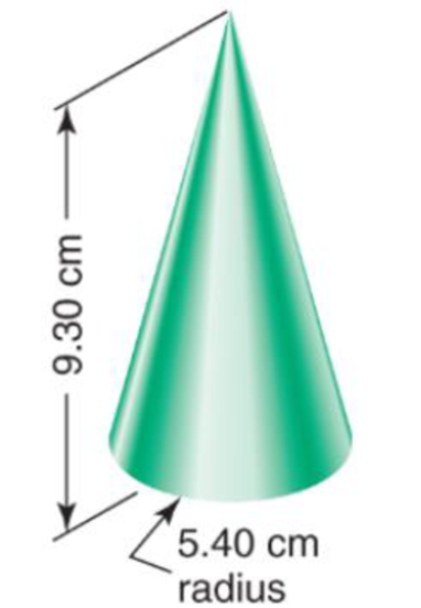 Chapter 2.3, Problem 3P, Find the volume of a cone whose height is 9.30 cm if the radius of the base is 5.40 cm (Fig. 2.5). 