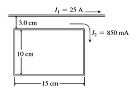 Chapter 26, Problem 63P, A long, straight wire carries a 25-A current. A 10-cm by 15-cm rectangular wire loop carrying 850 mA 