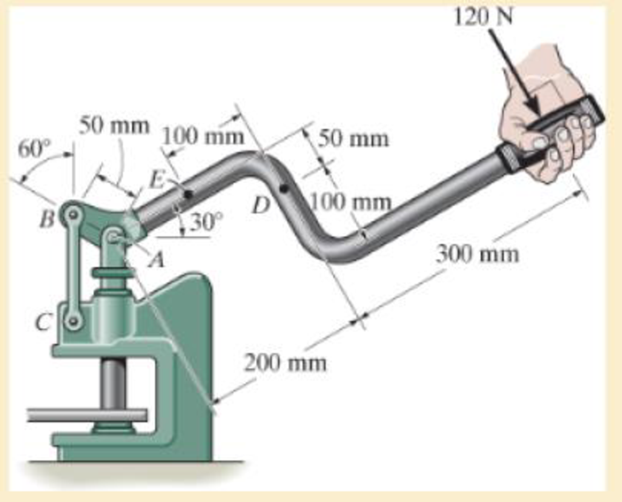 Chapter 1.2, Problem 1.22P, The metal stud punch is subjected to a force of 120 N on the handle. Determine the magnitude of the 