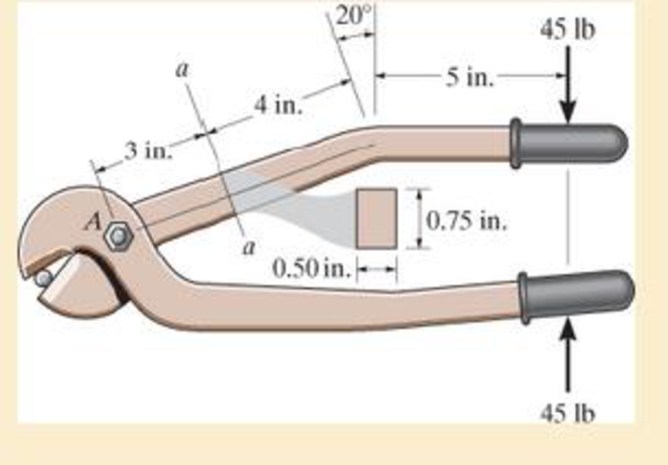 Chapter 6, Problem 5RP, Determine the maximum bending stress in the handle of the cable cutter at section a-a. A force of 45 