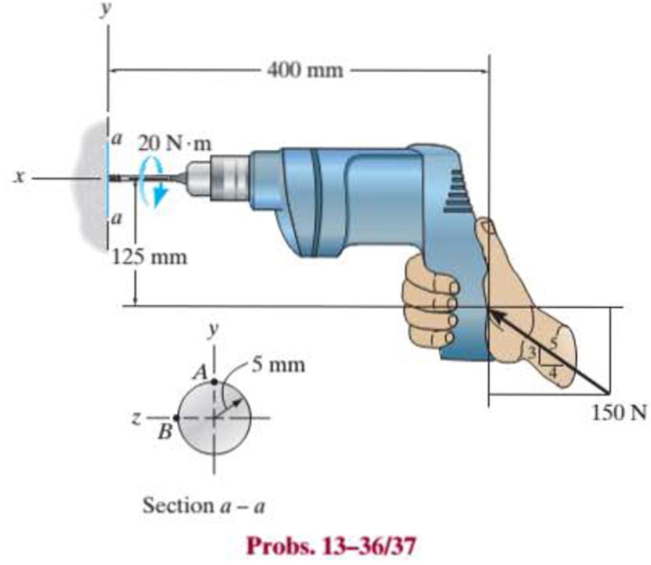 Chapter 13.2, Problem 36P, The drill is jammed in the wall and is subjected to the torque and force shown. Determine the state 