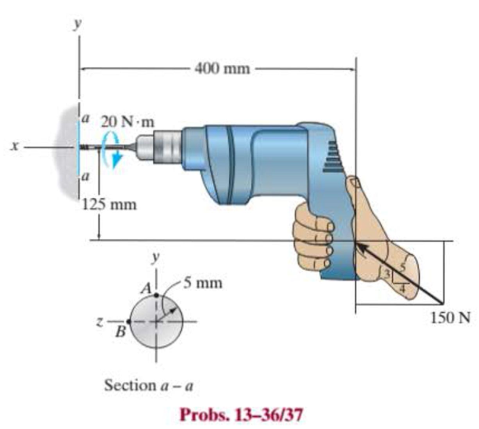 Chapter 13.2, Problem 37P, The drill is jammed in the wall and is subjected to the torque and force shown. Determine the state 