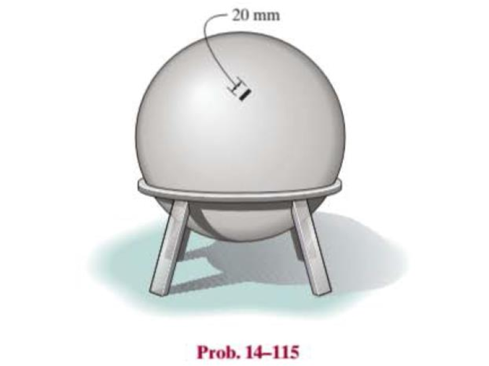Chapter 14.11, Problem 115P, The spherical pressure vessel has an inner diameter of 2 m and a thickness of 10 mm. A strain gage 