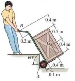 Chapter 4.4, Problem 13P, The man uses the hand truck to move material up the step. If the truck and its contents have a mass 