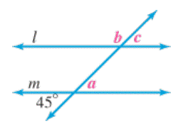 Chapter 9.1, Problem 27E, In Exercises 2530, find the measures of angles a, b, and c in each figure. Lines l and m are 