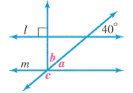 Chapter 9.1, Problem 28E, In Exercises 2530, find the measures of angles a, b, and c in each figure. Lines l and m are 