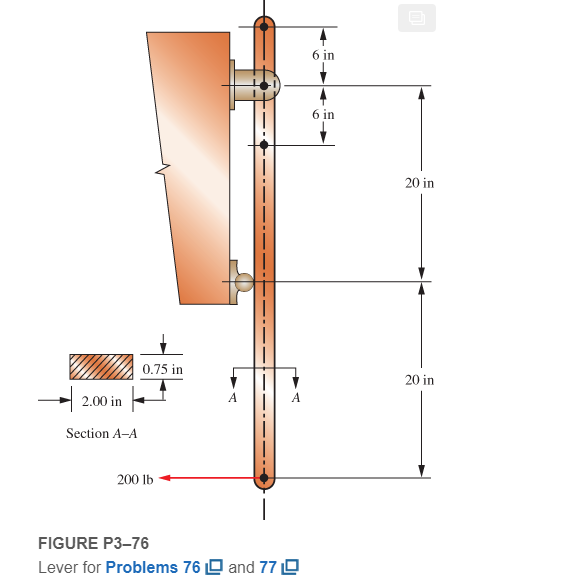 Chapter 3, Problem 76P, Figure P376 shows a lever made from a rectangular bar of steel. Compute the stress due to bending at 