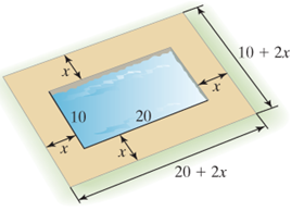 Chapter 1.10, Problem 64PE, A pool measuring 20 meters by 10 meters is surrounded by a path of uniform width, as shown in the 