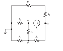 Chapter 2, Problem 2.53P, Given R1=15 , R5=5 , R3=20 , R4=10 , R5=8 , R6=4 , and is=5A, solve for the node voltages shown in 