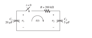 Chapter 4, Problem 4.18P, Consider the circuit shown in Figure P4.18. Prior to t = 0, v1=100V , and v2=0 . Immediately after 
