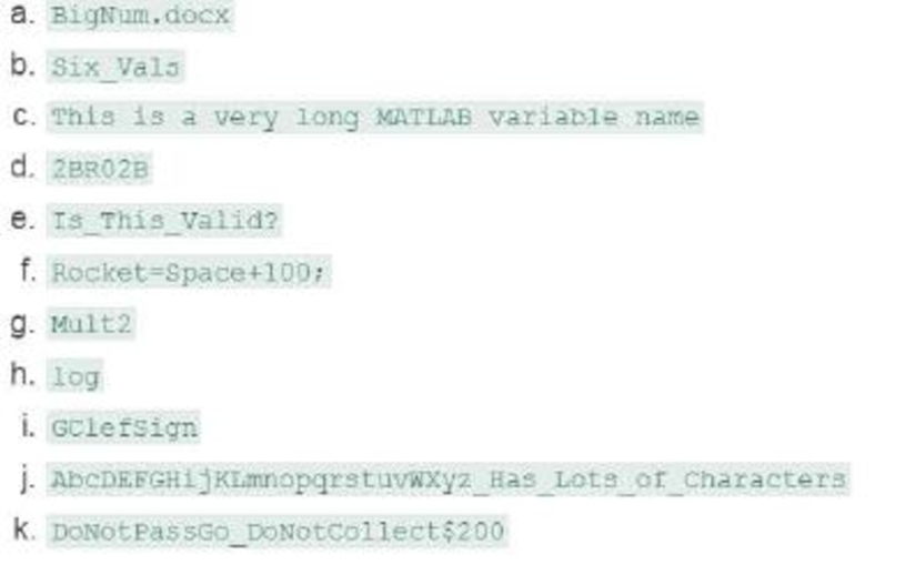 Chapter 15, Problem 1ICA, Which of the following are not valid MATLAB variable names? Circle all that apply. For those that 