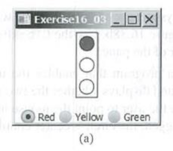 Chapter 16, Problem 16.3PE, (Traffic lights) Write a program that simulates a traffic light. The program lets the user select 
