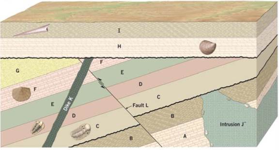Chapter 10.5, Problem 5A, Is the igneous intrusion labeled dike K older or younger than layers C-F? Intrusion K is 