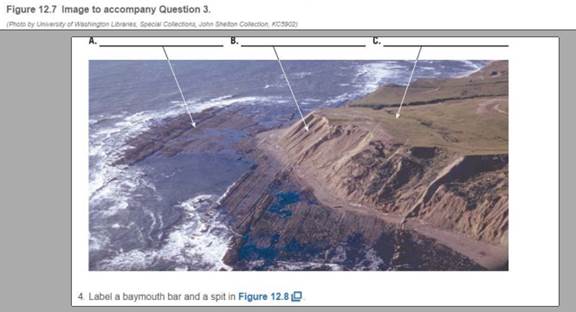 Chapter 12.5A, Problem 3A, Label a moraine terrace, a wave-cut cliff, and a wave-cut platform in Figure 12.7. 