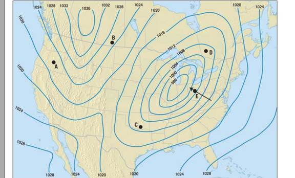Chapter 14.1A, Problem 2A, The map has two large areas of concentric isobars. Label the center of each as either a low-pressure 