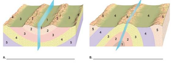 Chapter 6.4A, Problem 1A, Figure 6.12 illustrates an eroded anticline and an eroded syncline. Use this figure to answer the 