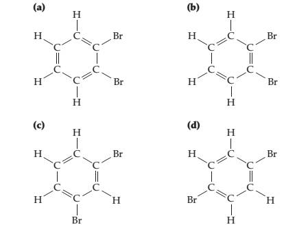 Chapter 7, Problem 7.93SP, Four different structures (a), (b), (c), and (d) can be drawn for compounds named dibromobenzene, 