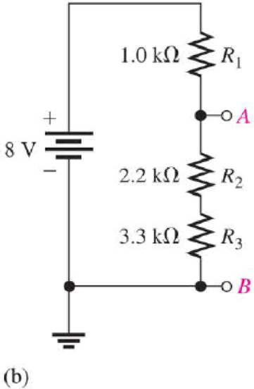 Chapter 5, Problem 13CDQ, If the source voltage increases from 8 V to 10 V, the voltage from A to B a. increases b. decreases 