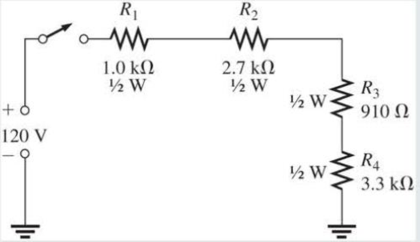 Chapter 5, Problem 21RP, Determine the minimum power rating required for each resistor in Figure 5-49 if the source voltage 